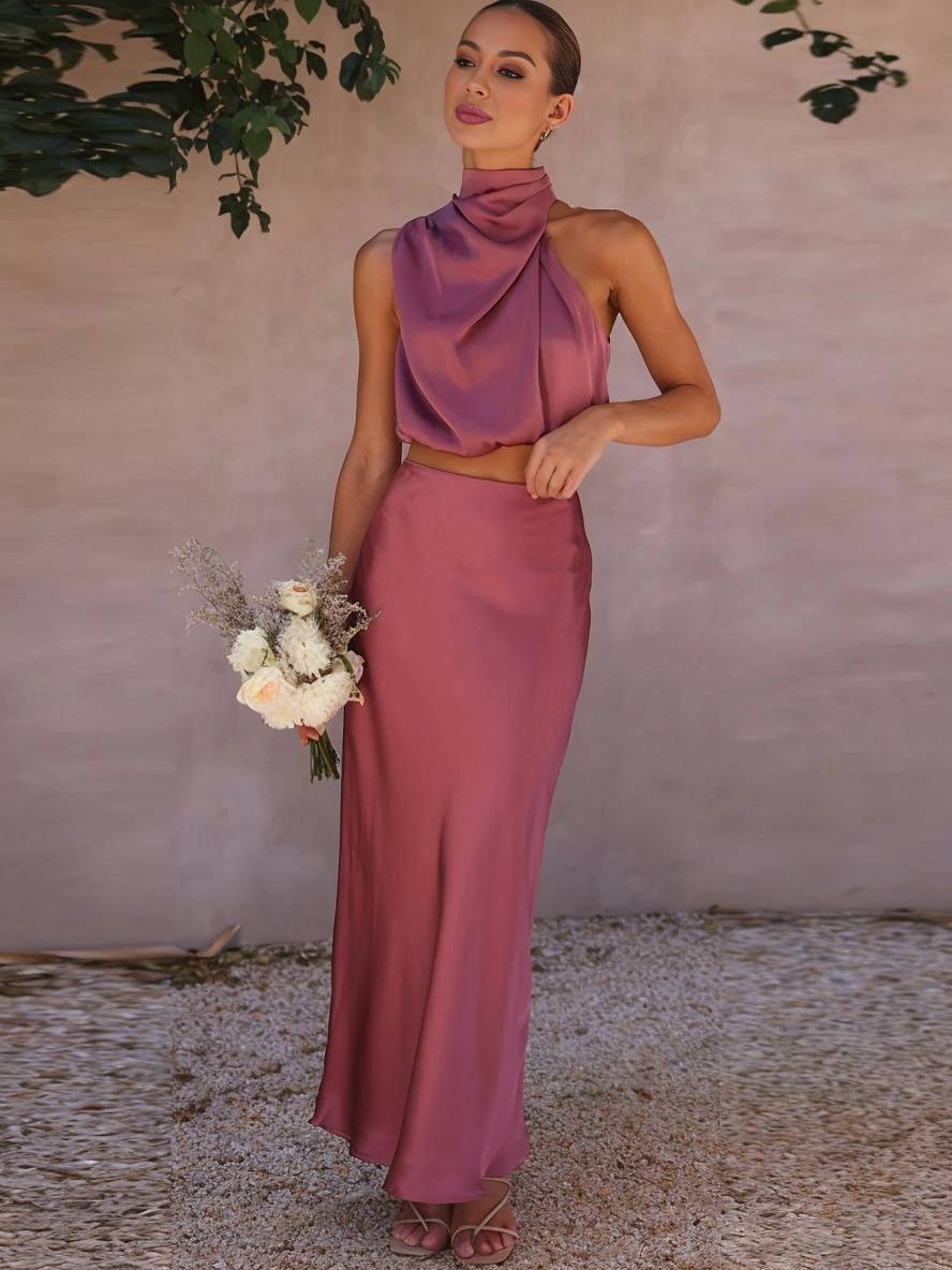 Elegant Satin Two-Piece Set with Halter Top and Maxi Skirt