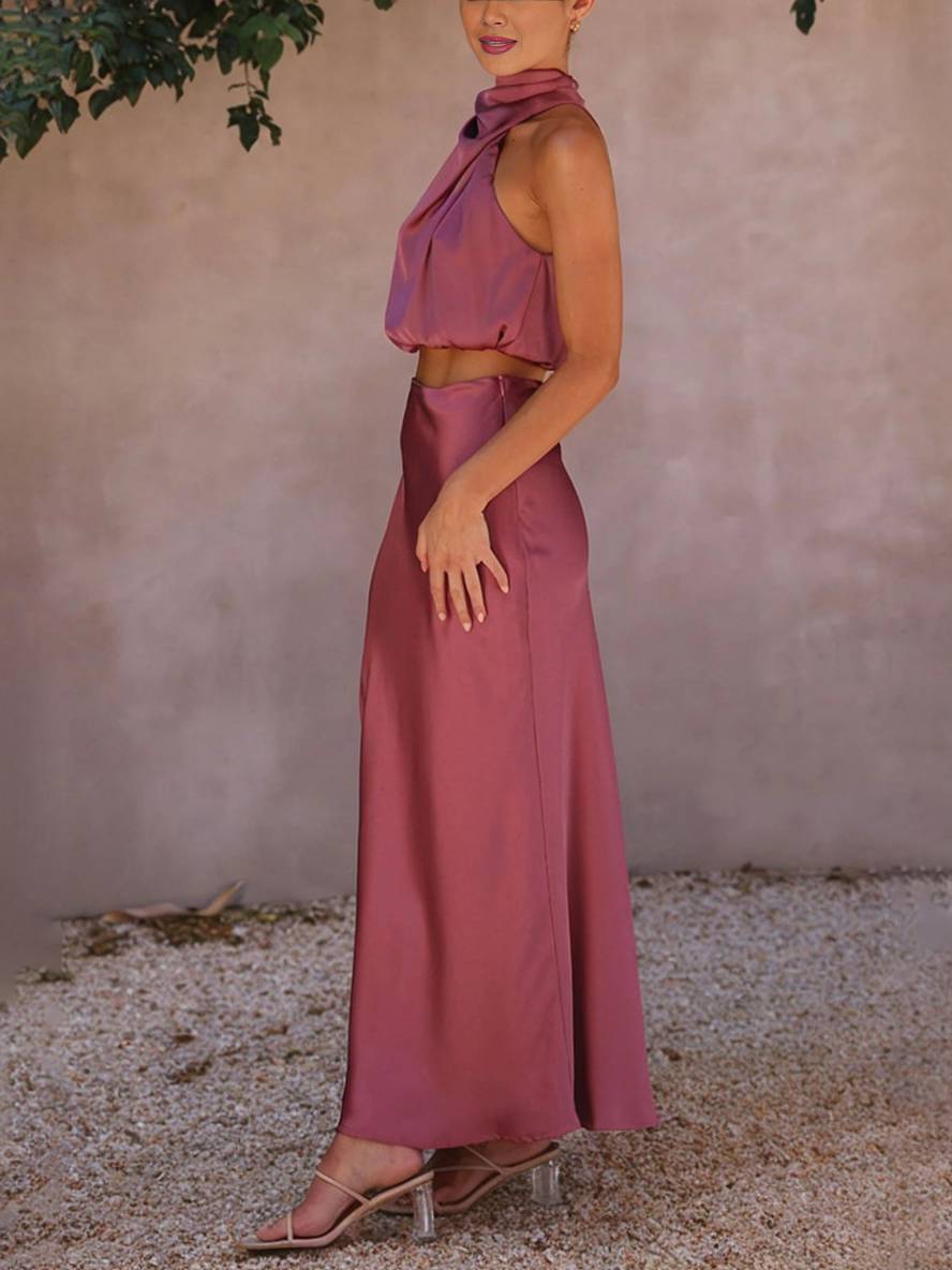 Elegant Satin Two-Piece Set with Halter Top and Maxi Skirt