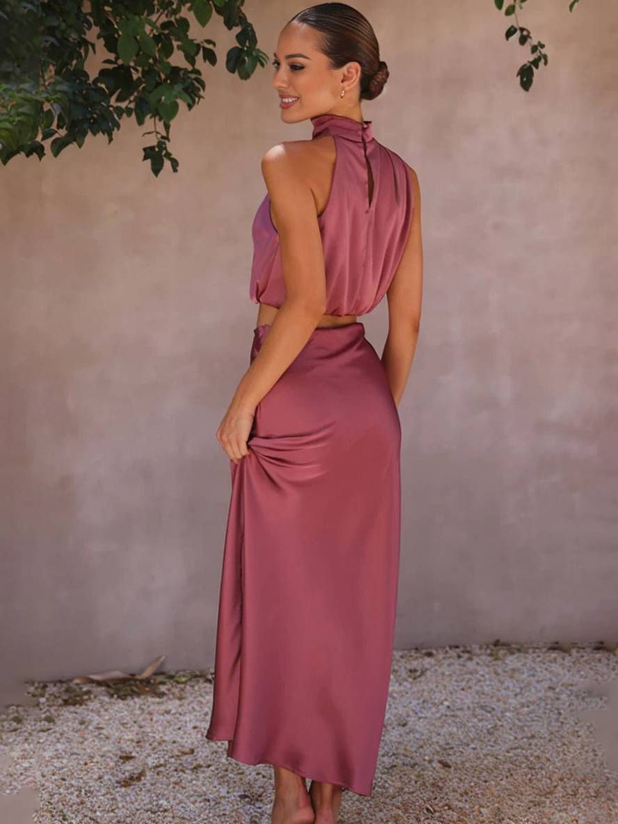 Elegant Satin Two-Piece Set with Halter Top and Maxi Skirt