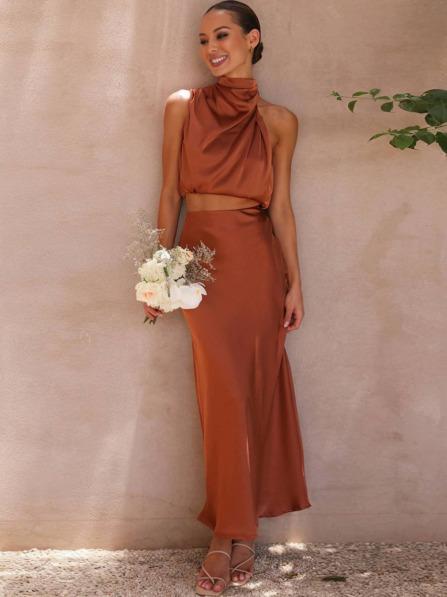 Elegant Satin Two-Piece Set with Halter Top and Maxi Skirt