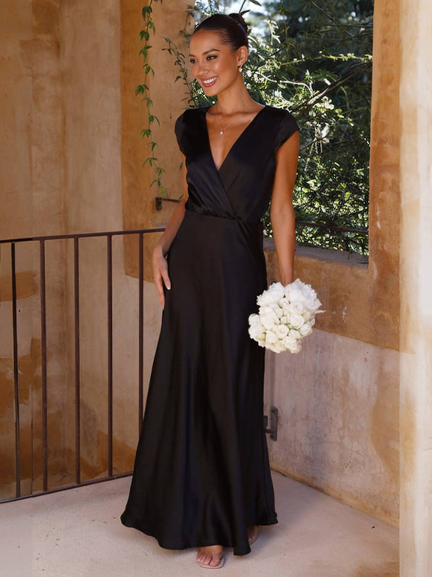 Elegant Satin V-Neck Cap Sleeve Maxi Dress