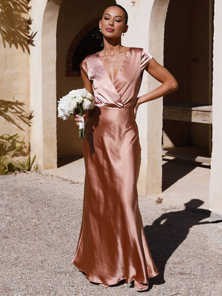 V-Neck Cap Sleeve Satin Maxi Dress with Elegant Pleated Bodice