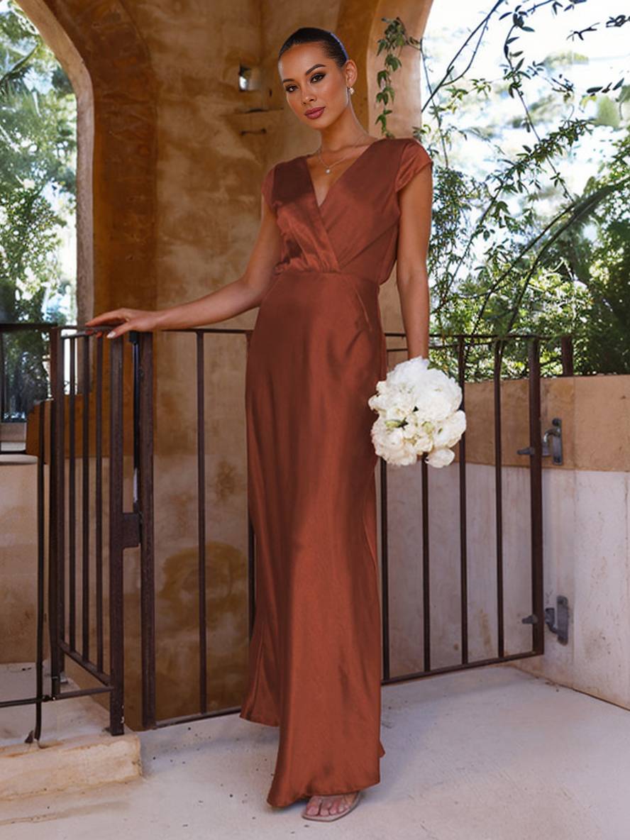V-Neck Cap Sleeve Satin Maxi Dress with Elegant Pleated Bodice