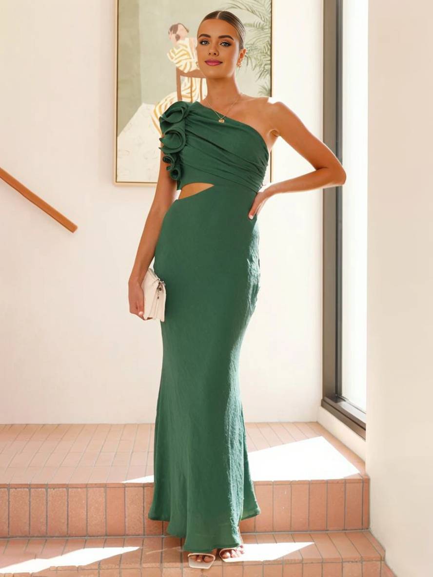 One-Shoulder Floral Appliqué Midi Dress with Side Cutout