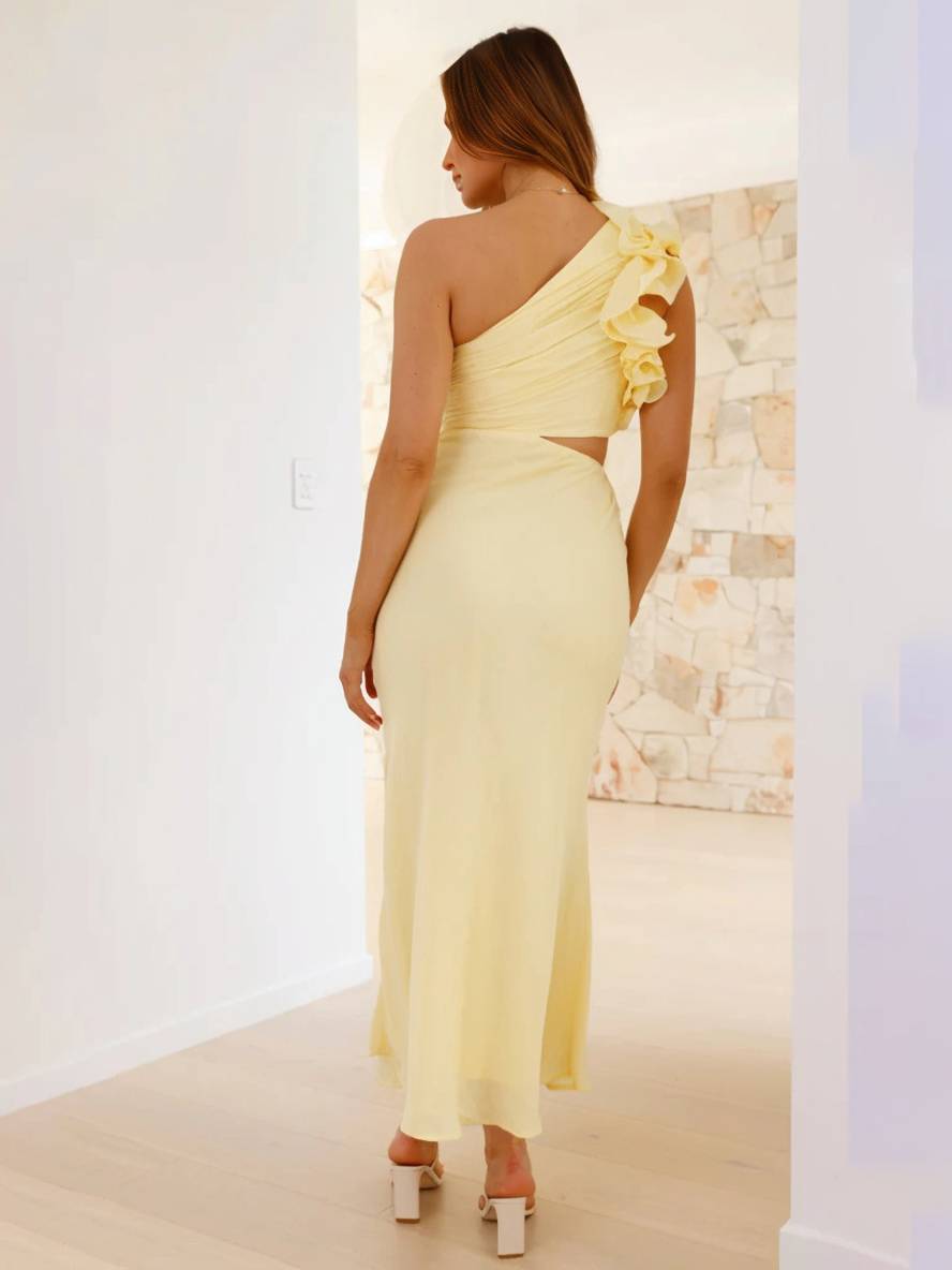 One-Shoulder Floral Appliqué Midi Dress with Side Cutout