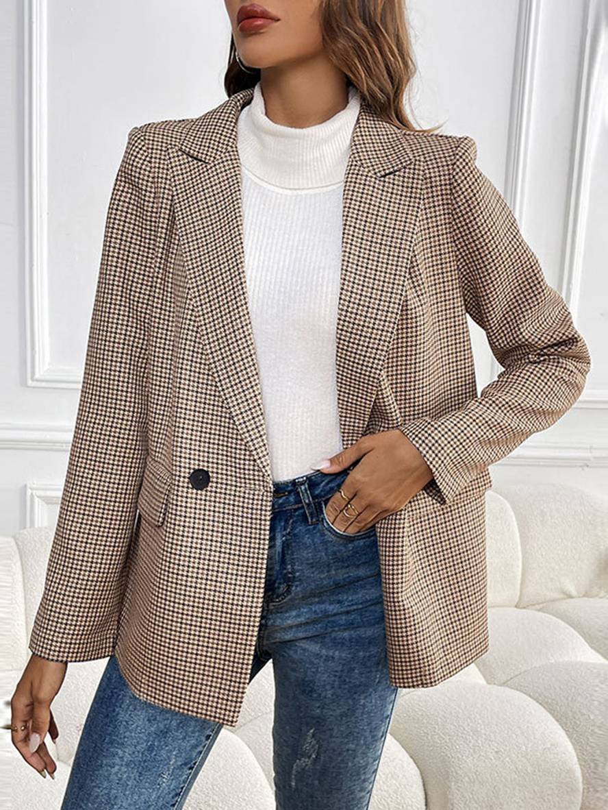 Women’s Houndstooth Checkered Double-Breasted Blazer