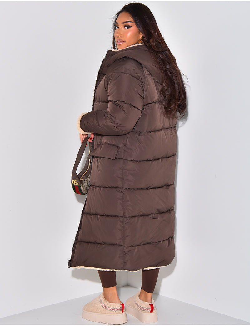 Long Hooded Sherpa Lined Puffer Coat for Cozy Winter Warmth