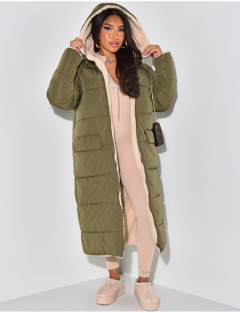 Long Hooded Sherpa Lined Puffer Coat for Cozy Winter Warmth