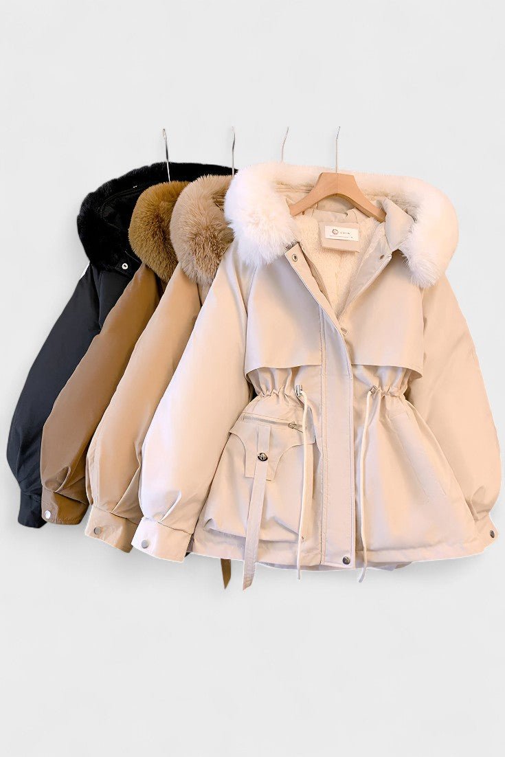 Insulated Hooded Parka Jacket with Faux Fur Trim and Drawstring Waist