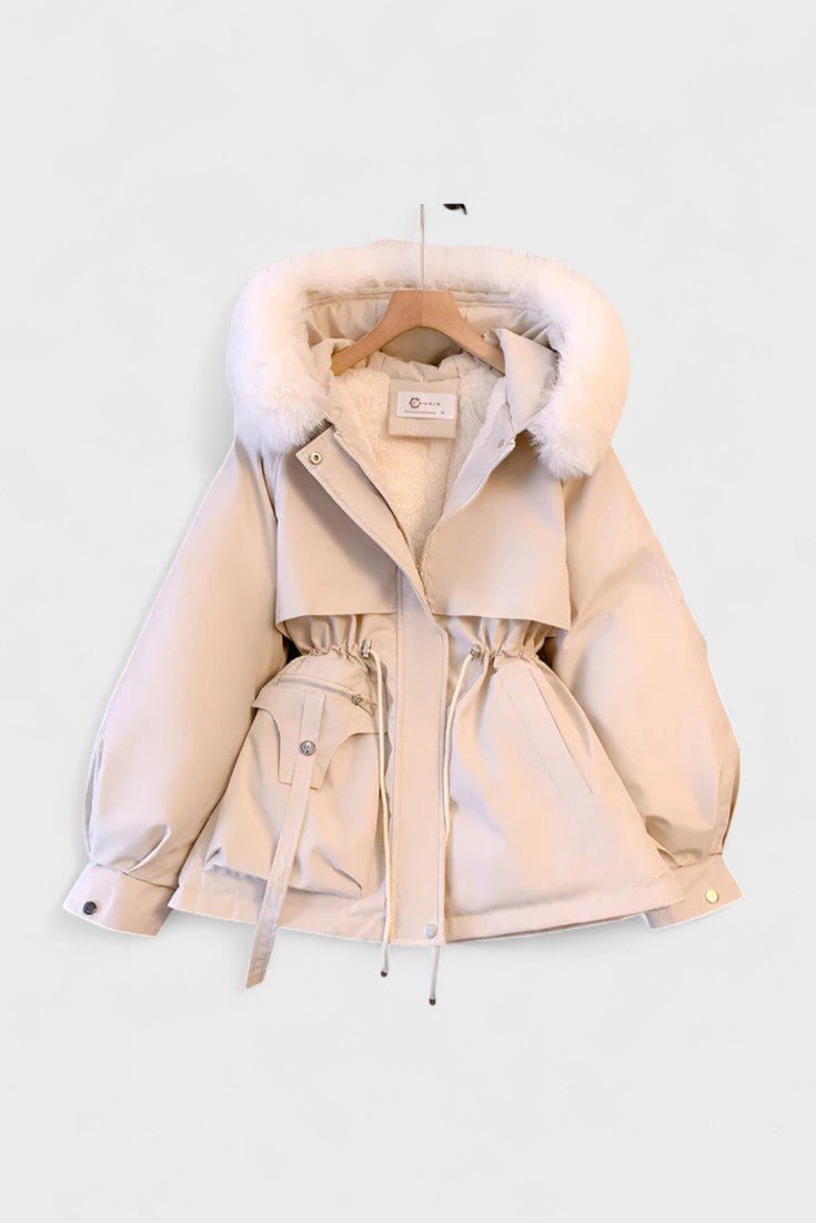 Insulated Hooded Parka Jacket with Faux Fur Trim and Drawstring Waist