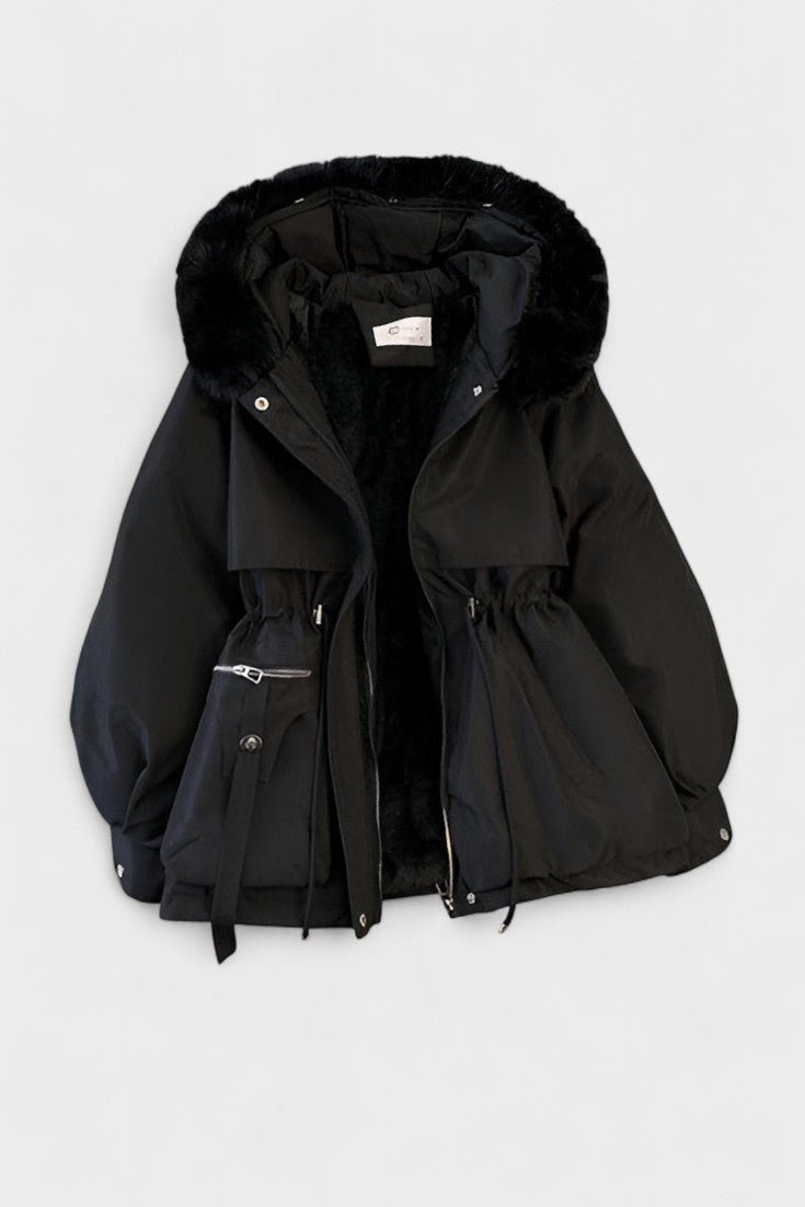 Insulated Hooded Parka Jacket with Faux Fur Trim and Drawstring Waist