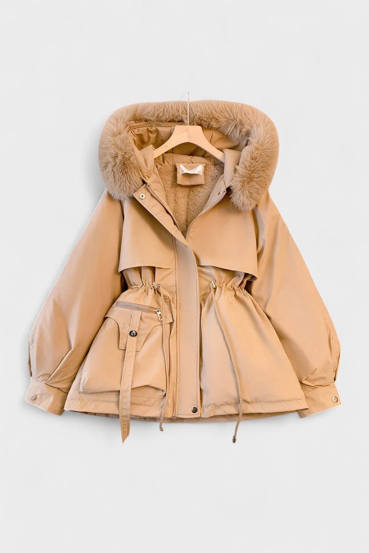Insulated Hooded Parka Jacket with Faux Fur Trim and Drawstring Waist