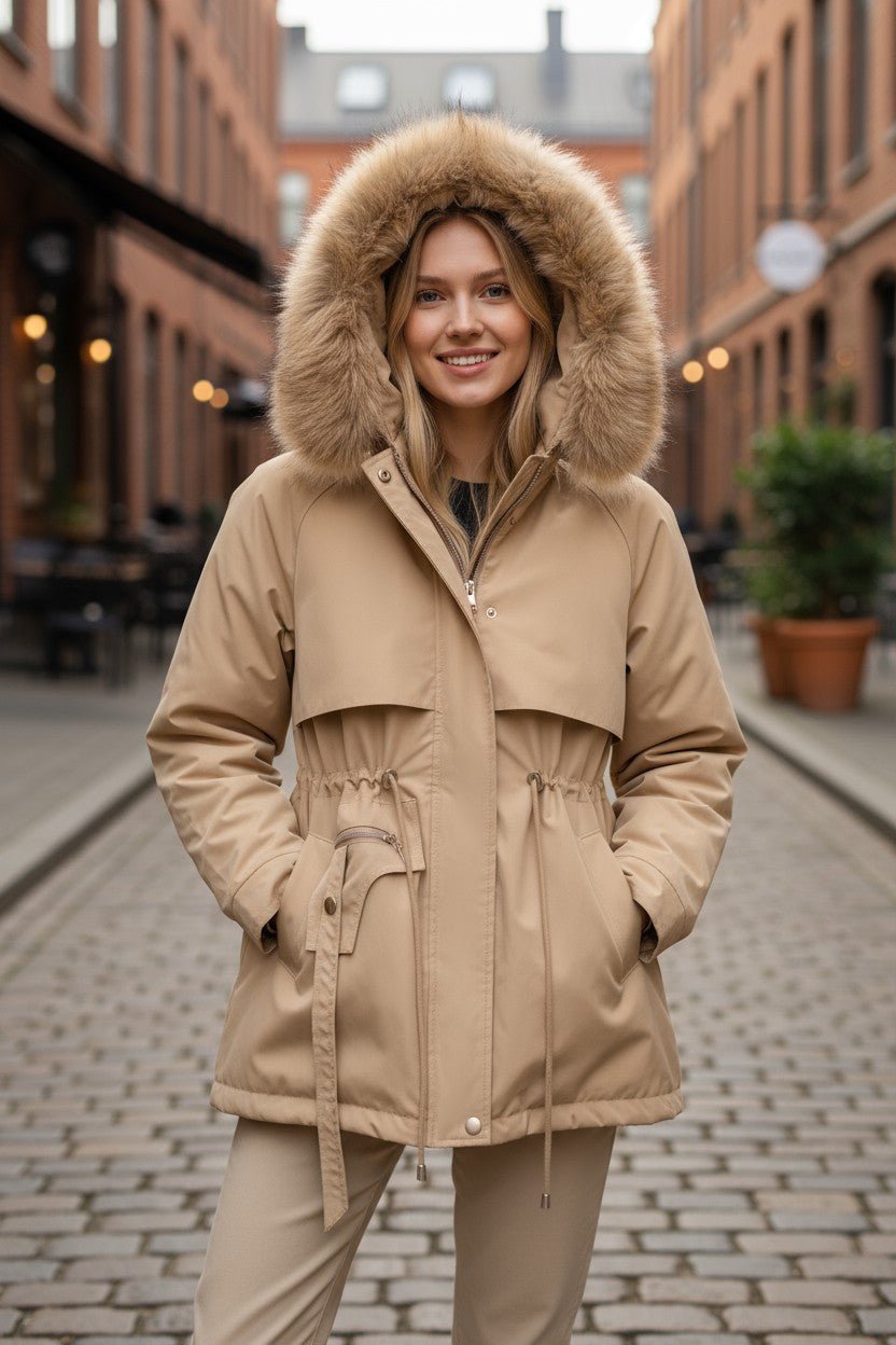 Insulated Hooded Parka Jacket with Faux Fur Trim and Drawstring Waist