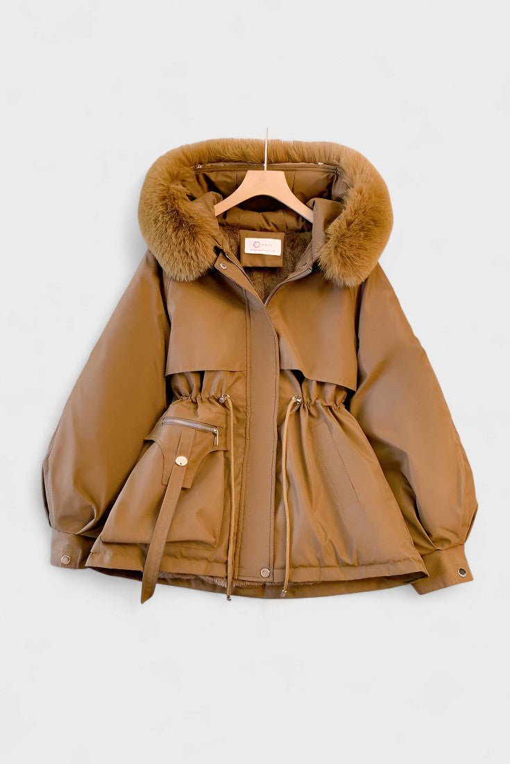 Insulated Hooded Parka Jacket with Faux Fur Trim and Drawstring Waist
