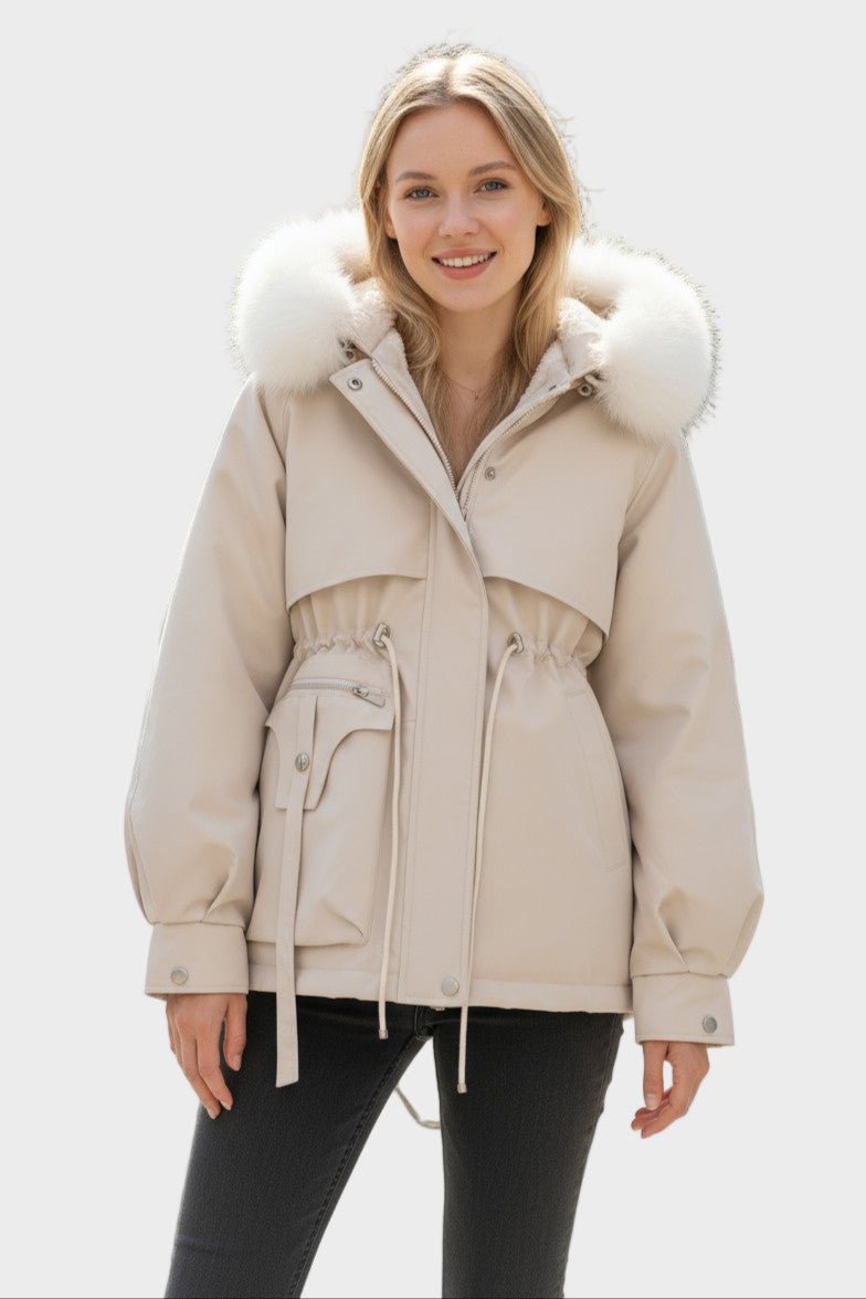 Insulated Hooded Parka Jacket with Faux Fur Trim and Drawstring Waist
