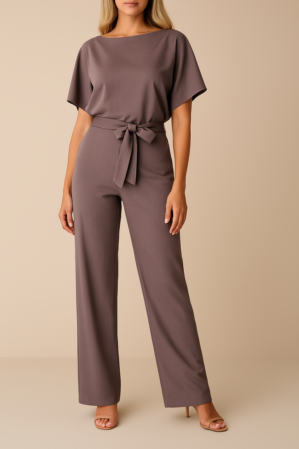 Women’s Short-Sleeve Belted Wide-Leg Jumpsuit