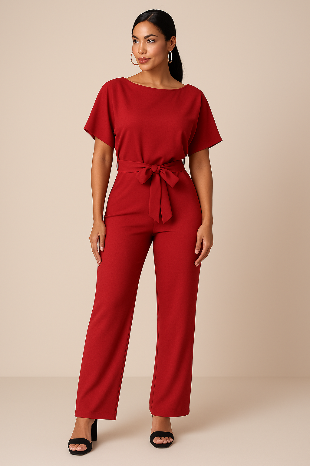 Women’s Short-Sleeve Belted Wide-Leg Jumpsuit