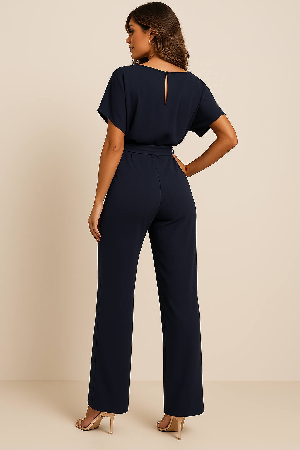 Women’s Short-Sleeve Belted Wide-Leg Jumpsuit