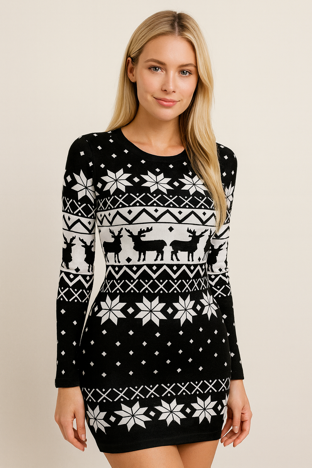 Snowflake Reindeer Knit Long Sweater Dress