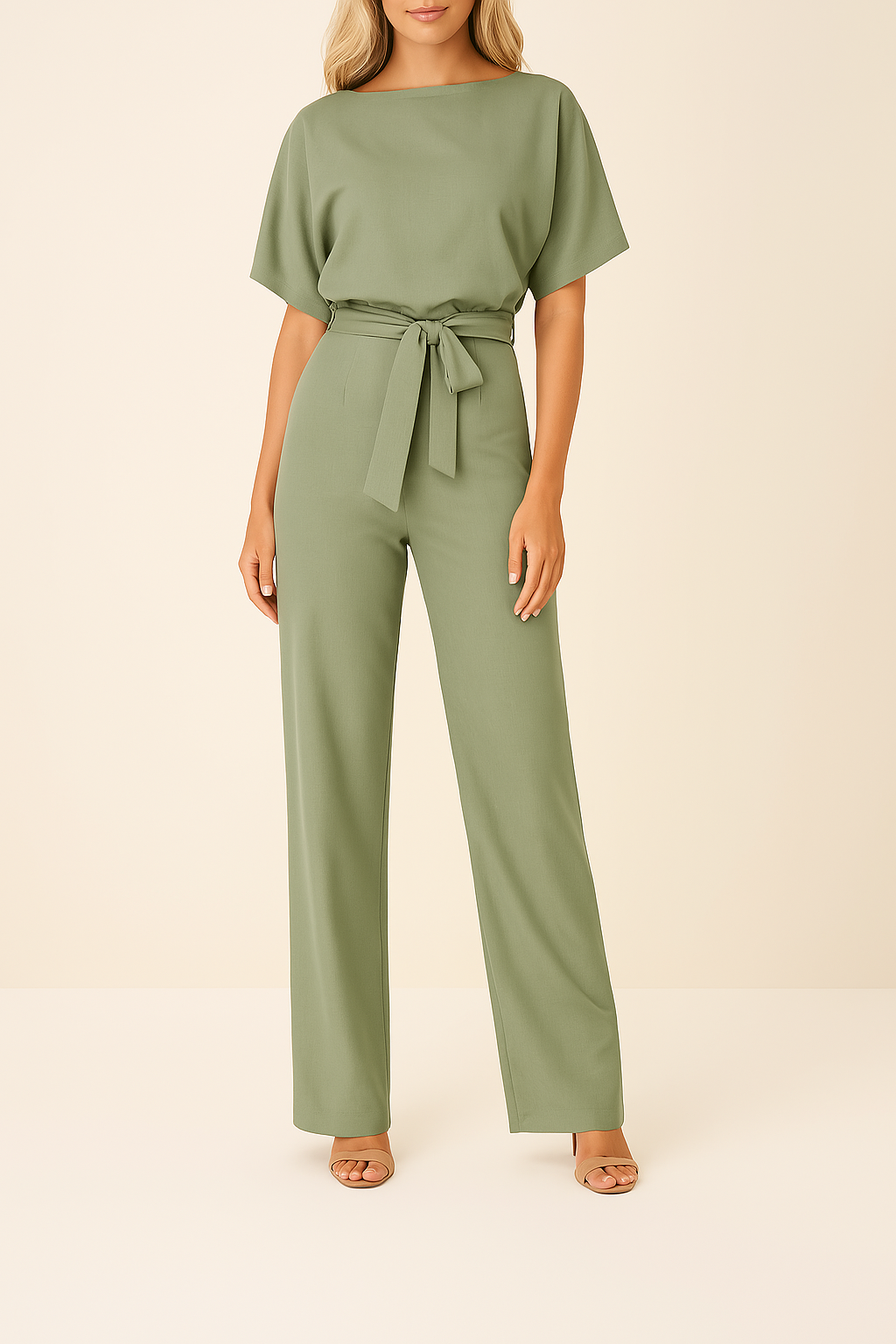 Women’s Short-Sleeve Belted Wide-Leg Jumpsuit