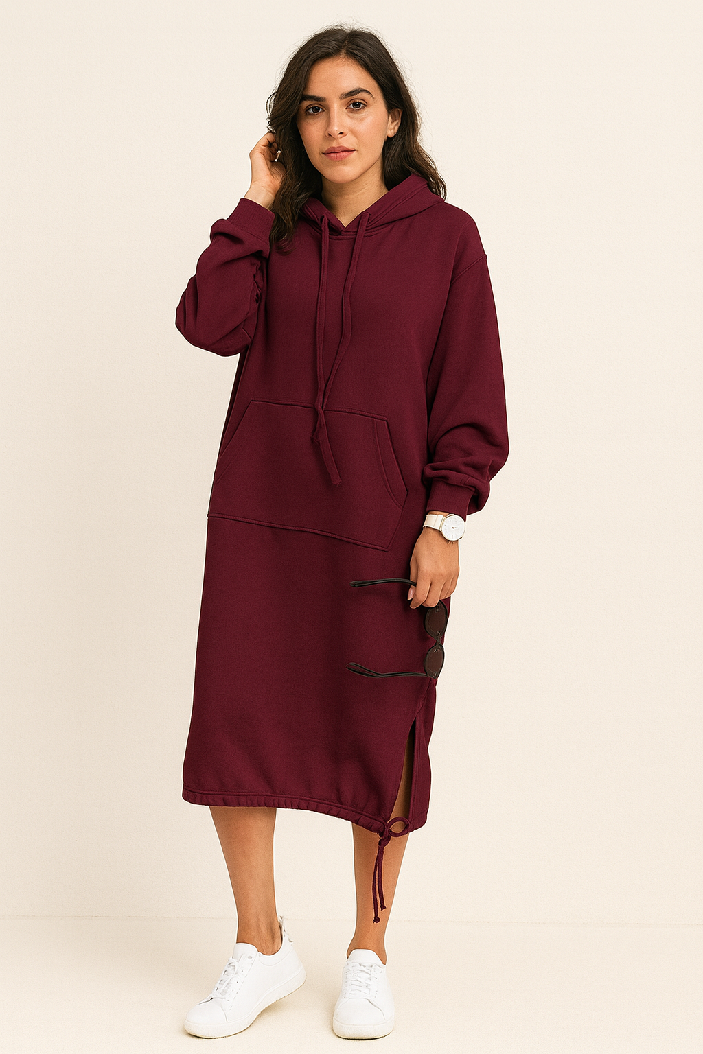 Hooded Long Sleeve Sweatshirt Midi Dress for Casual Comfort