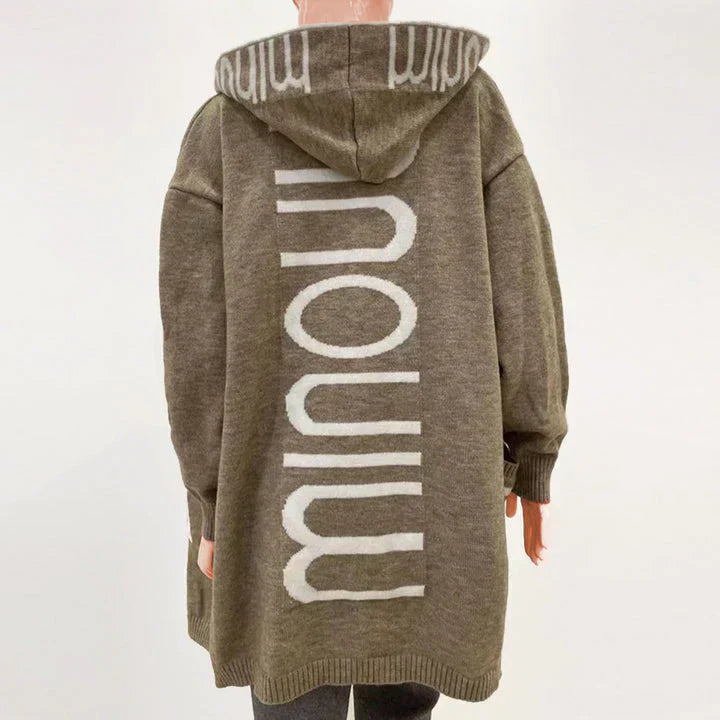 Women’s Hooded Long Knit Cardigan with Letter Design