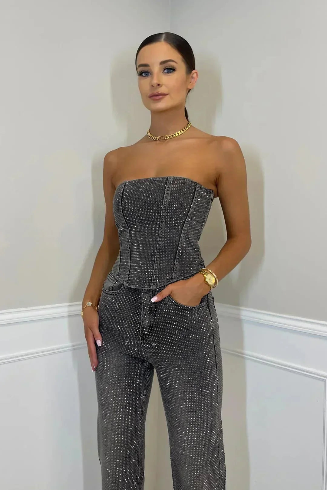 Women’s Strapless Corset Wide-Leg Jumpsuit