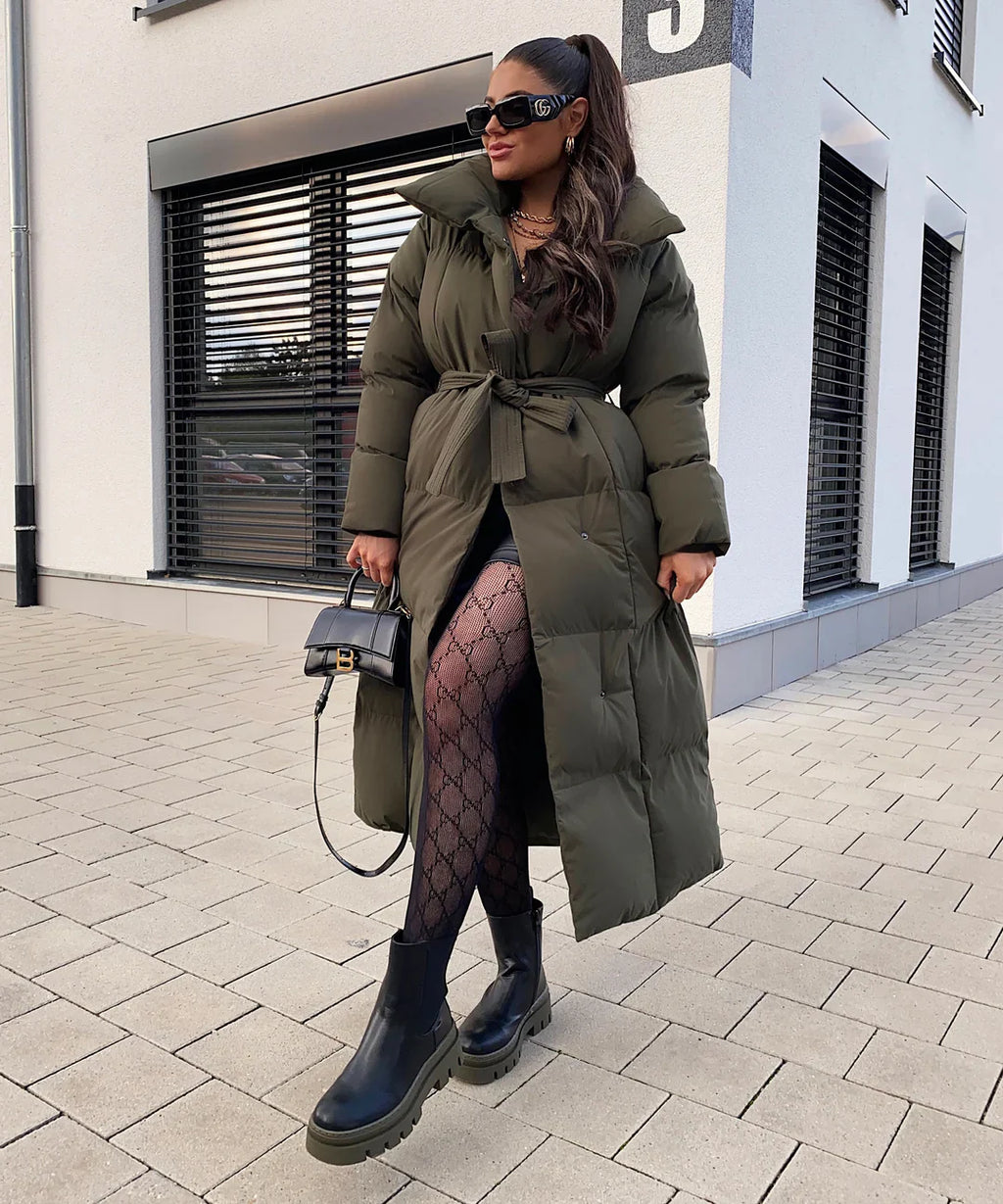 Women’s Long Belted Hooded Puffer Coat