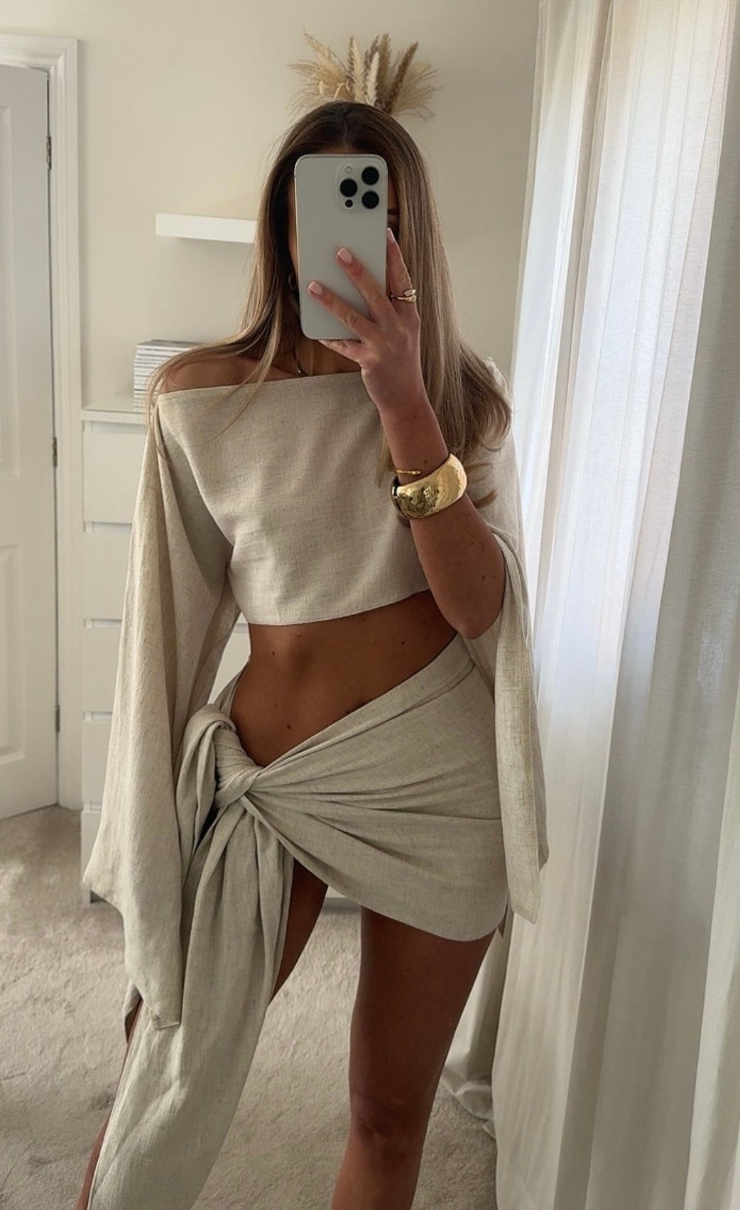 Draped One-Shoulder Crop Top and Knotted Mini Skirt Set