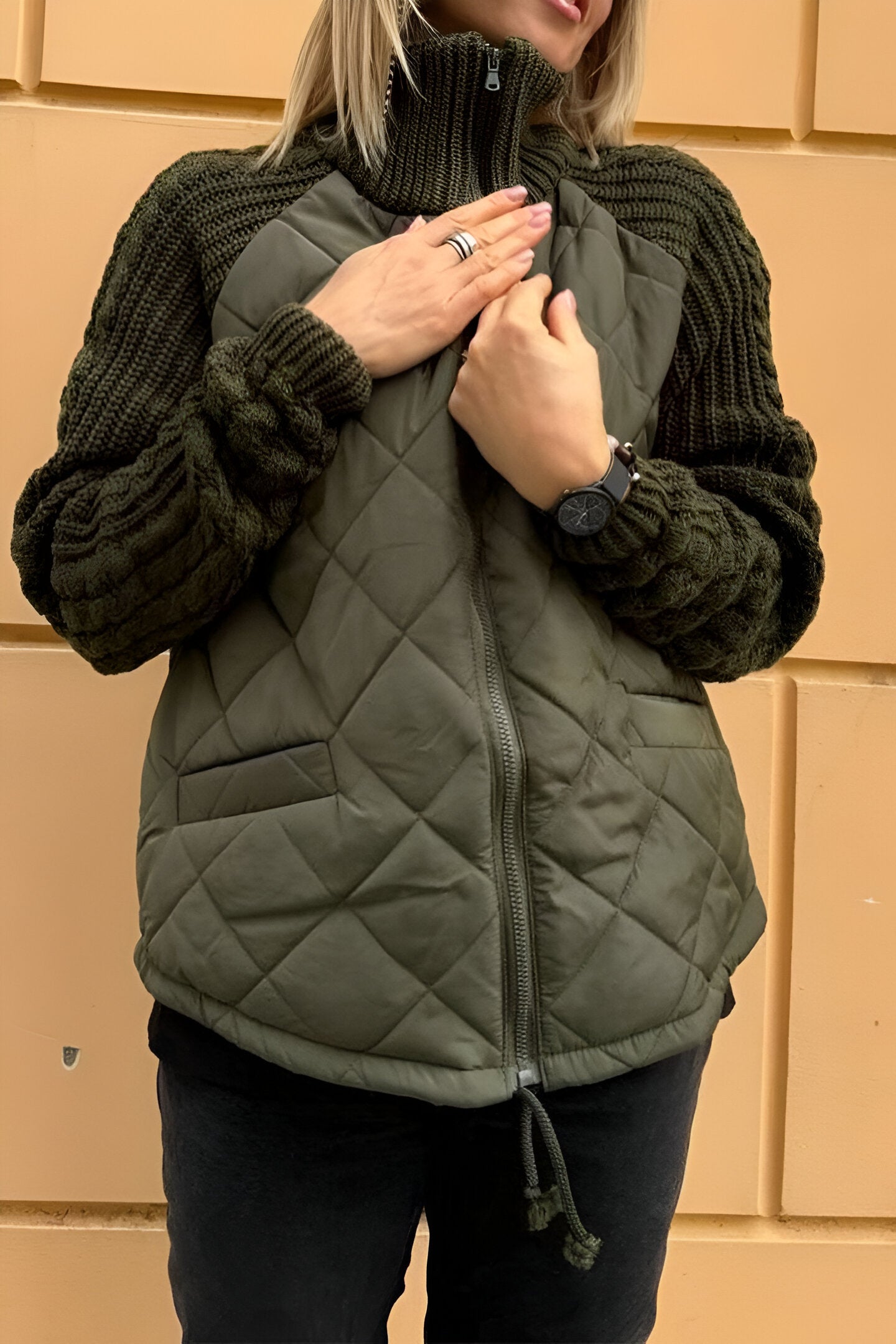 Quilted Zip Front Jacket with Knit Sleeves
