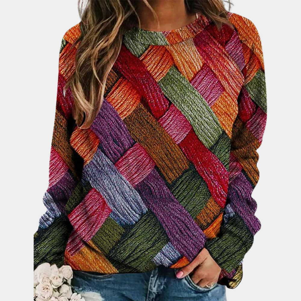 Multicolor Patchwork Knit Long Sleeve Top for Casual Wear
