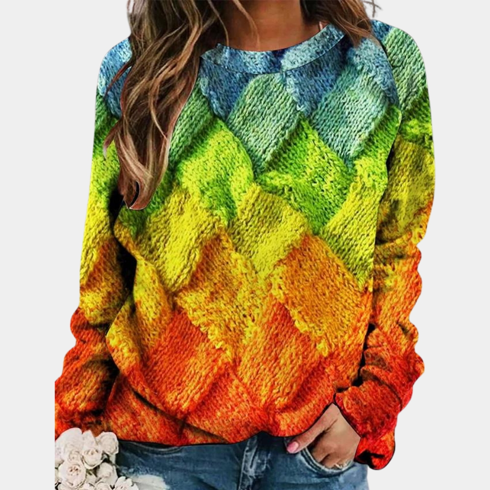 Multicolor Patchwork Knit Long Sleeve Top for Casual Wear