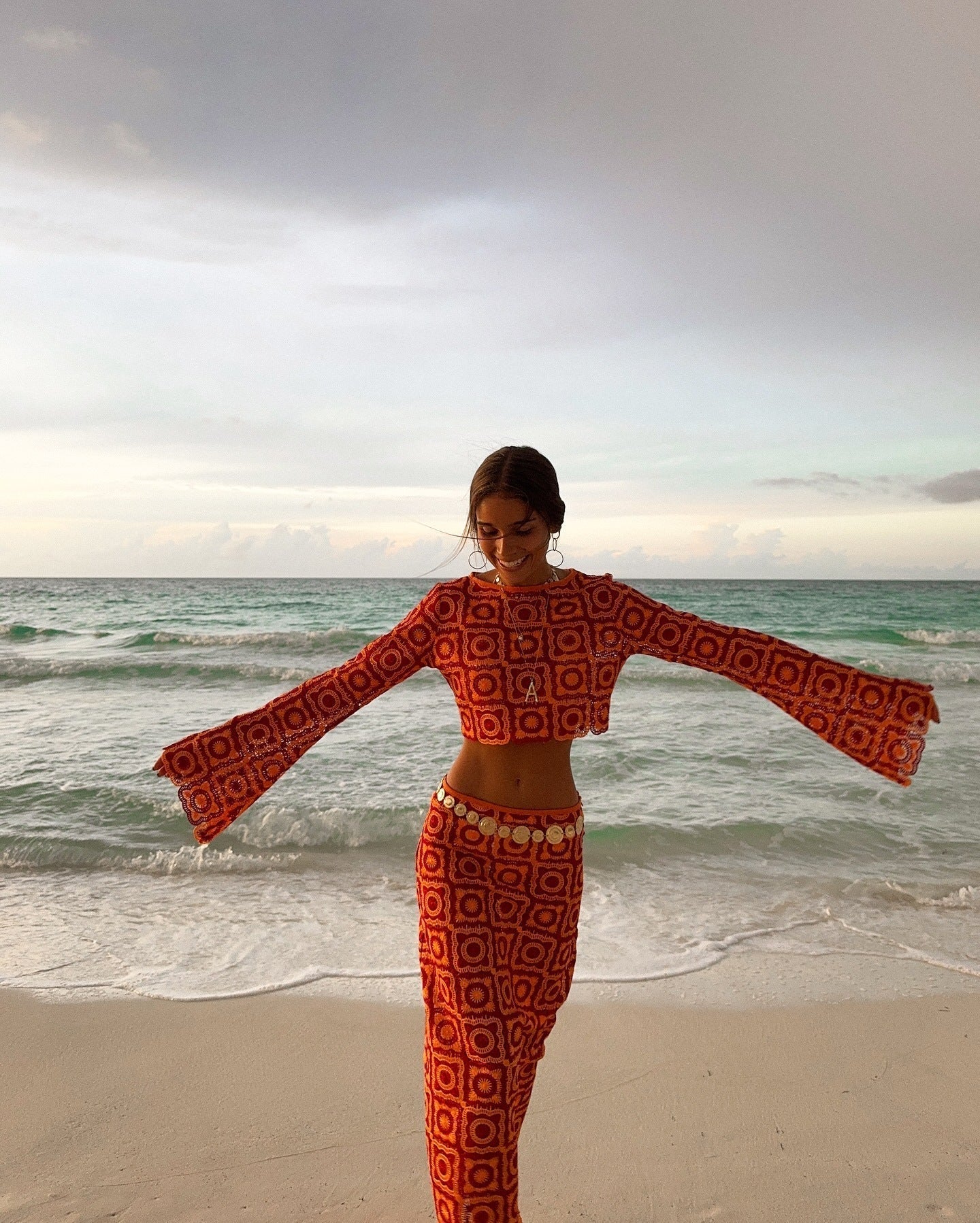Orange Crochet Two-Piece Beach Set with Flared Sleeves