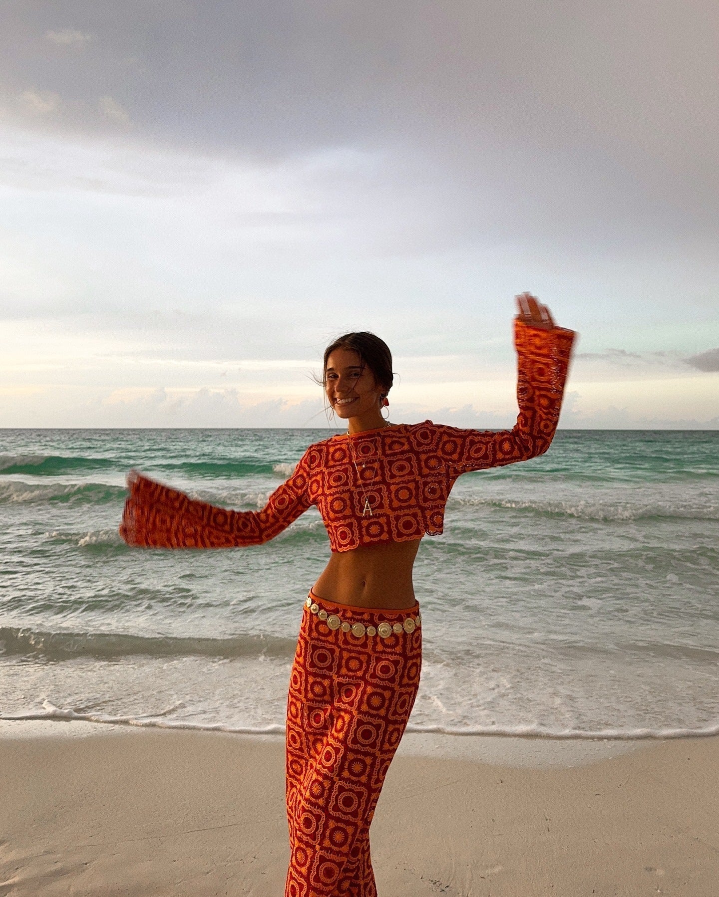 Orange Crochet Two-Piece Beach Set with Flared Sleeves