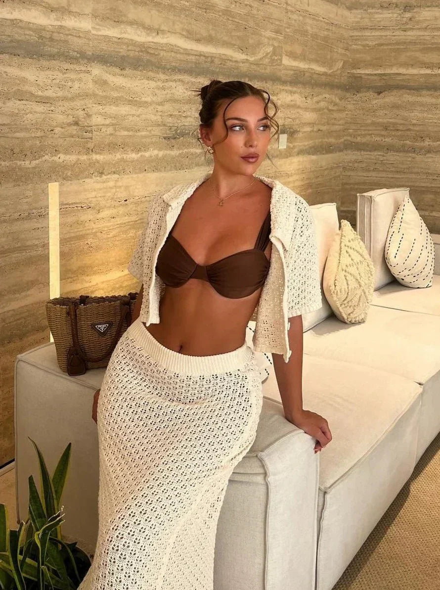 Crochet Button-Up Top and Maxi Skirt Two-Piece Set