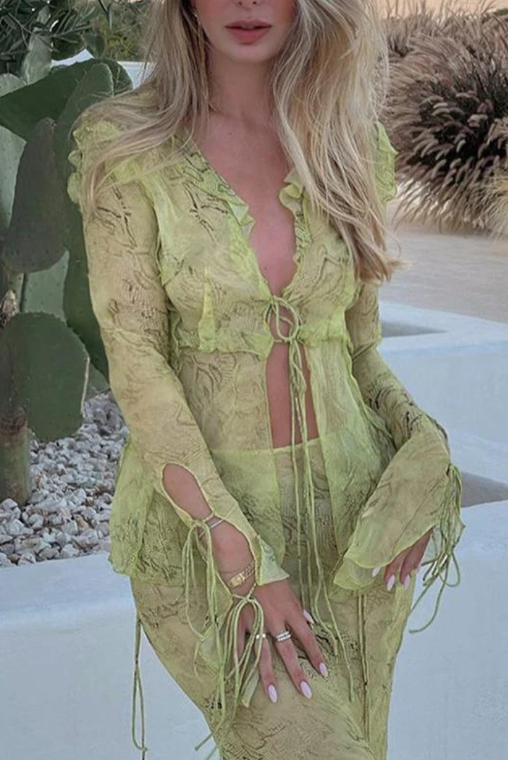 Floral Lace Tie-Front Sheer Maxi Dress