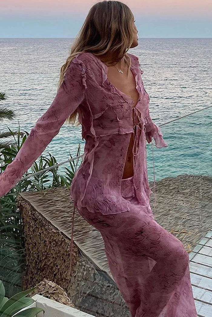 Pink Lace Long Sleeve Two-Piece Beach Outfit Set