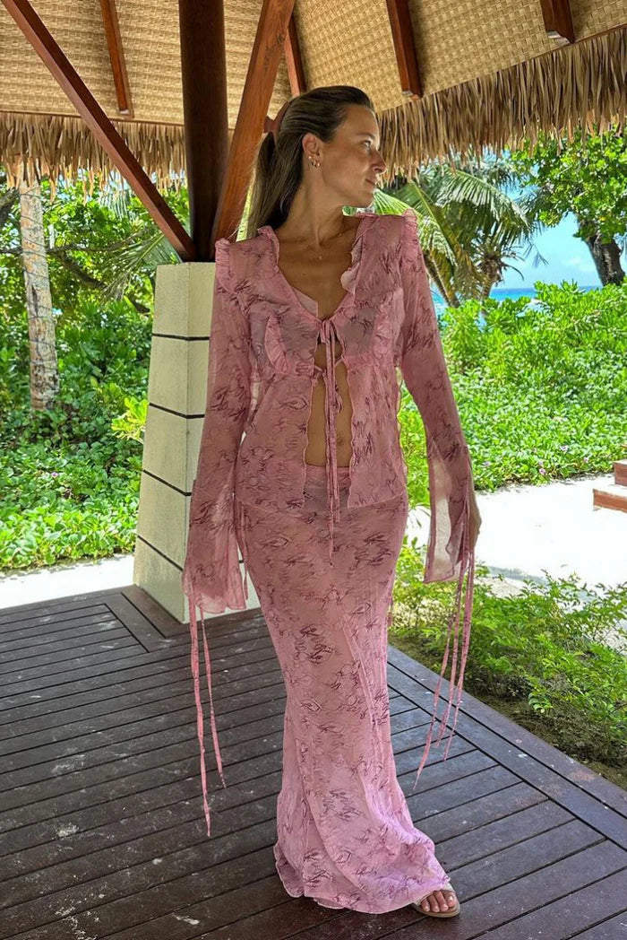 Floral Lace Tie-Front Sheer Maxi Dress