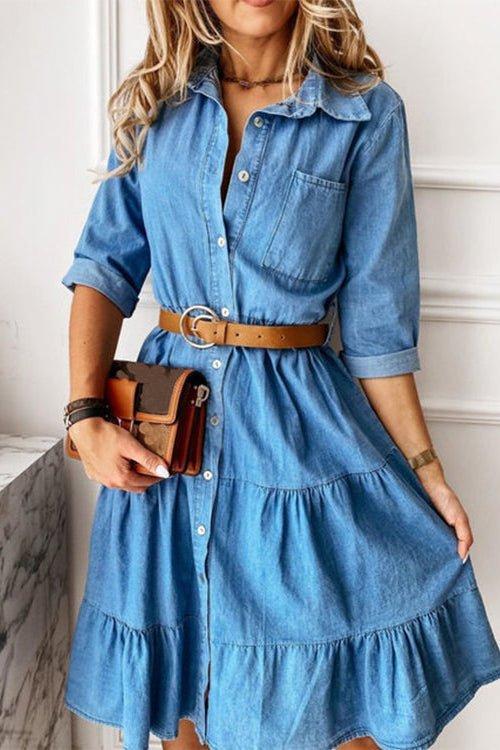 Button Front Denim Shirt Dress with Belted Waist and Tiered Skirt