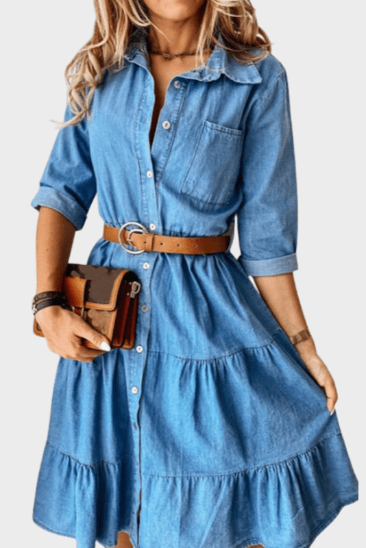 Button Front Denim Shirt Dress with Belted Waist and Tiered Skirt