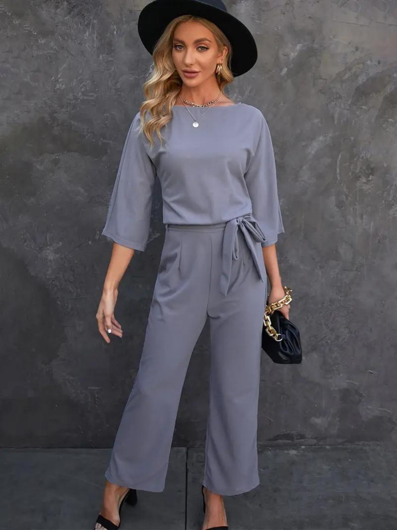 Elegant Long Sleeve Belted Wide-Leg Jumpsuit for Women