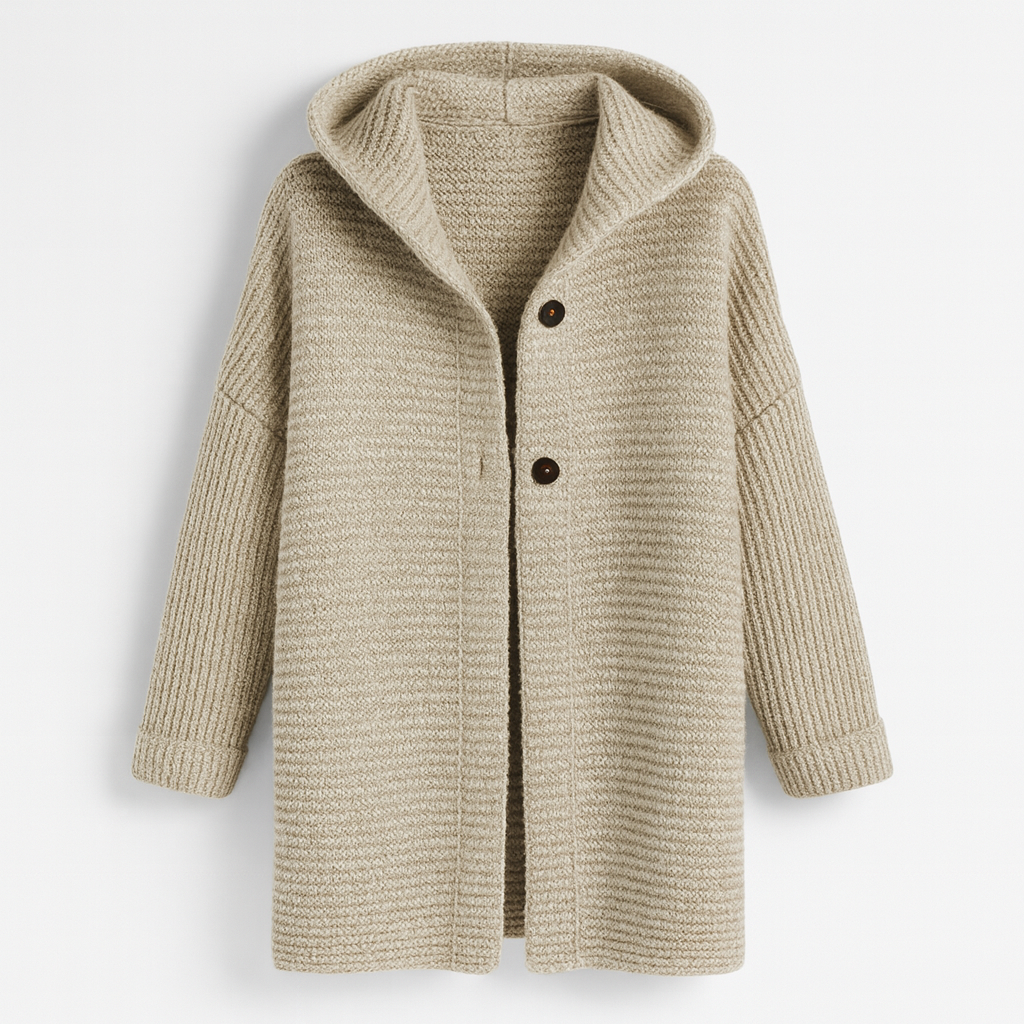 Hooded Knit Cardigan Coat with Front Buttons