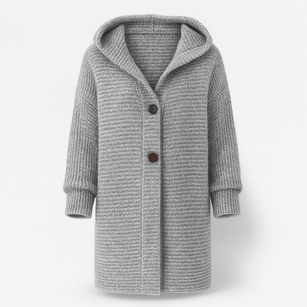 Hooded Knit Cardigan Coat with Front Buttons