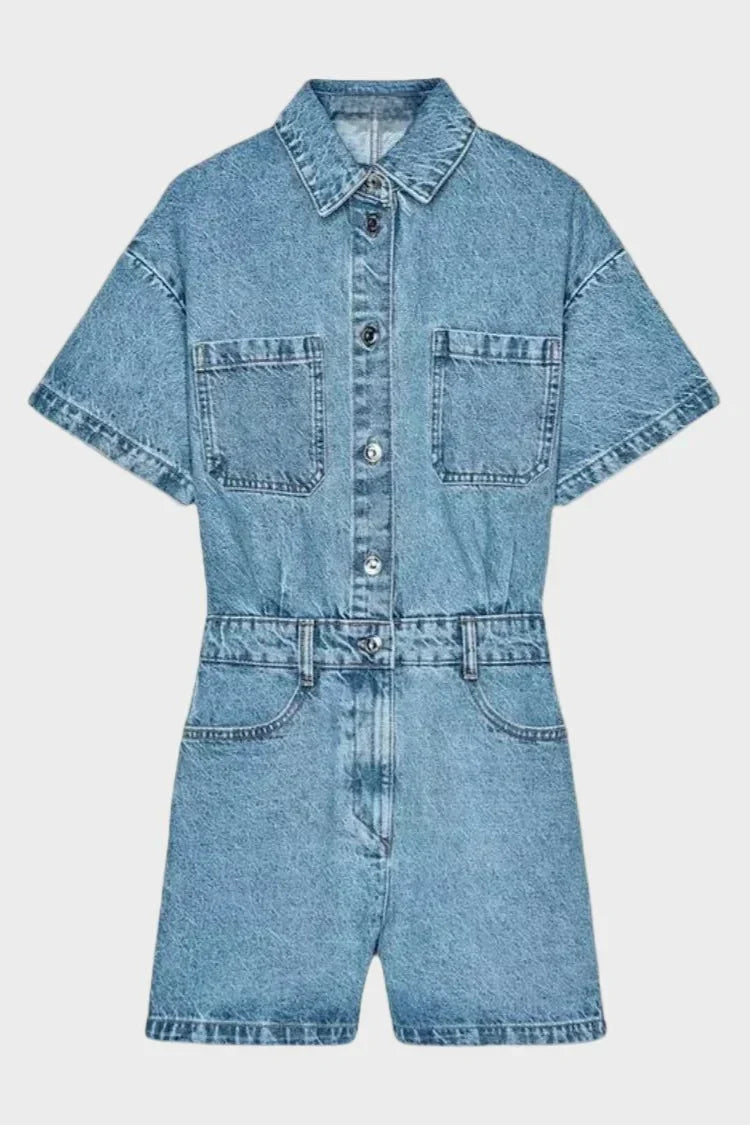Button Front Denim Romper with Short Sleeves and Utility Pockets
