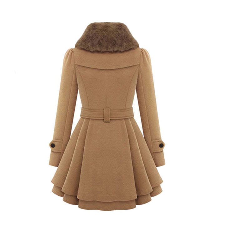 Women’s Elegant Wool Blend Flared Coat with Fur Collar