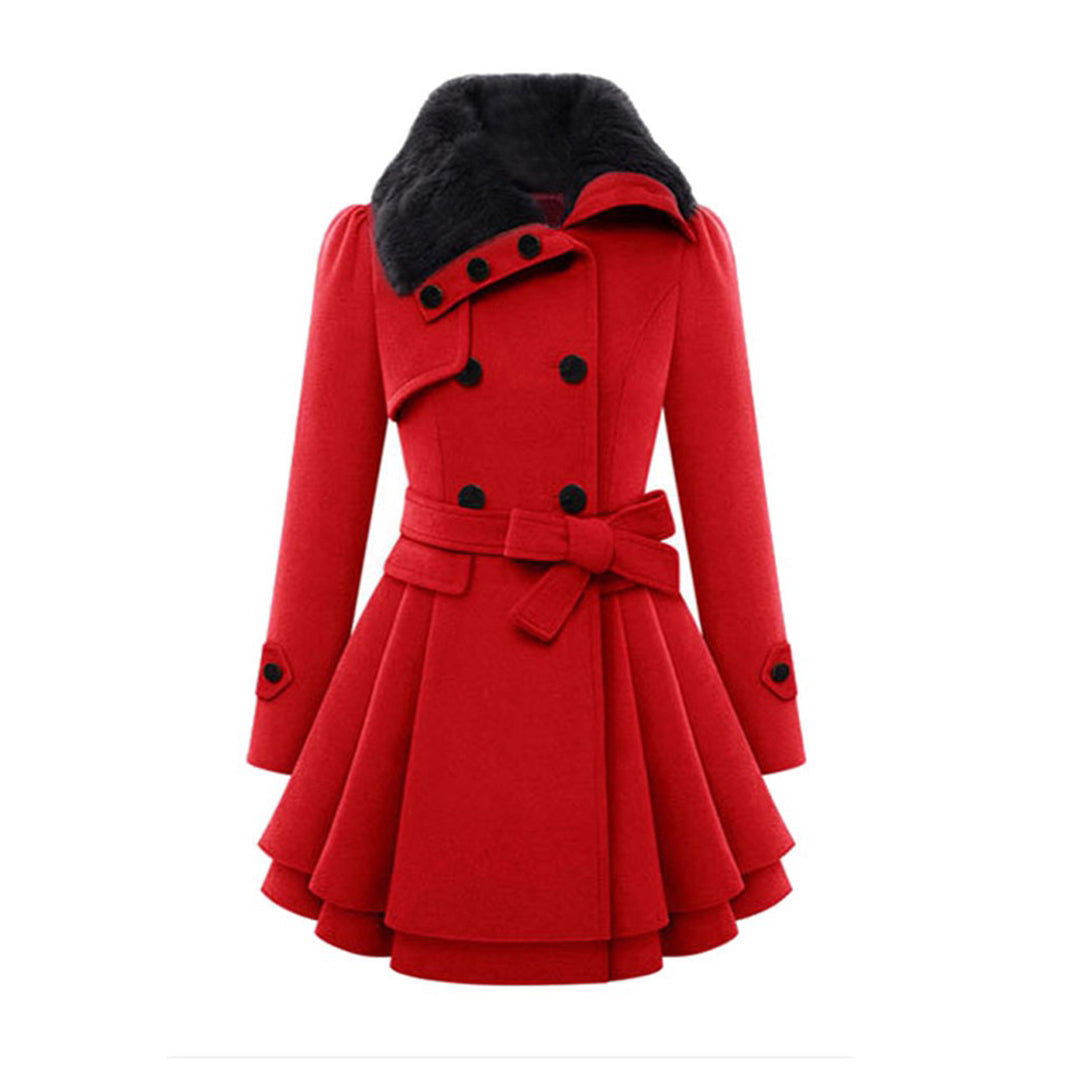 Women’s Elegant Wool Blend Flared Coat with Fur Collar