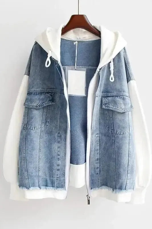 Denim Hooded Jacket with Zip Front and Utility Pockets