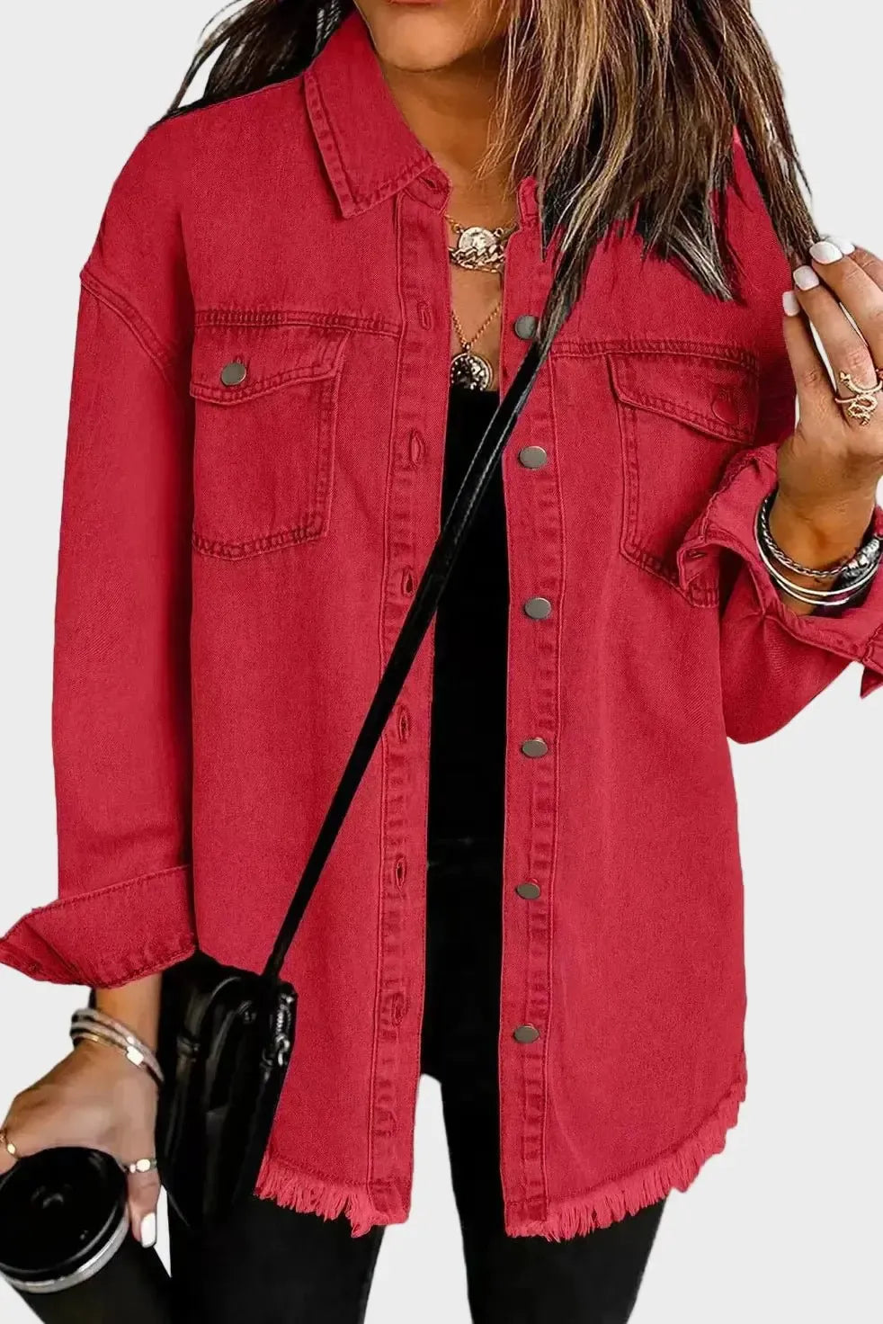 Relaxed Button Front Denim Shirt Jacket with Raw Hem