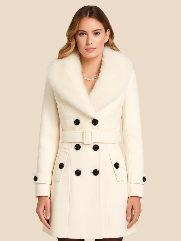 Elegant Double-Breasted Faux Fur Collar Coat for Women