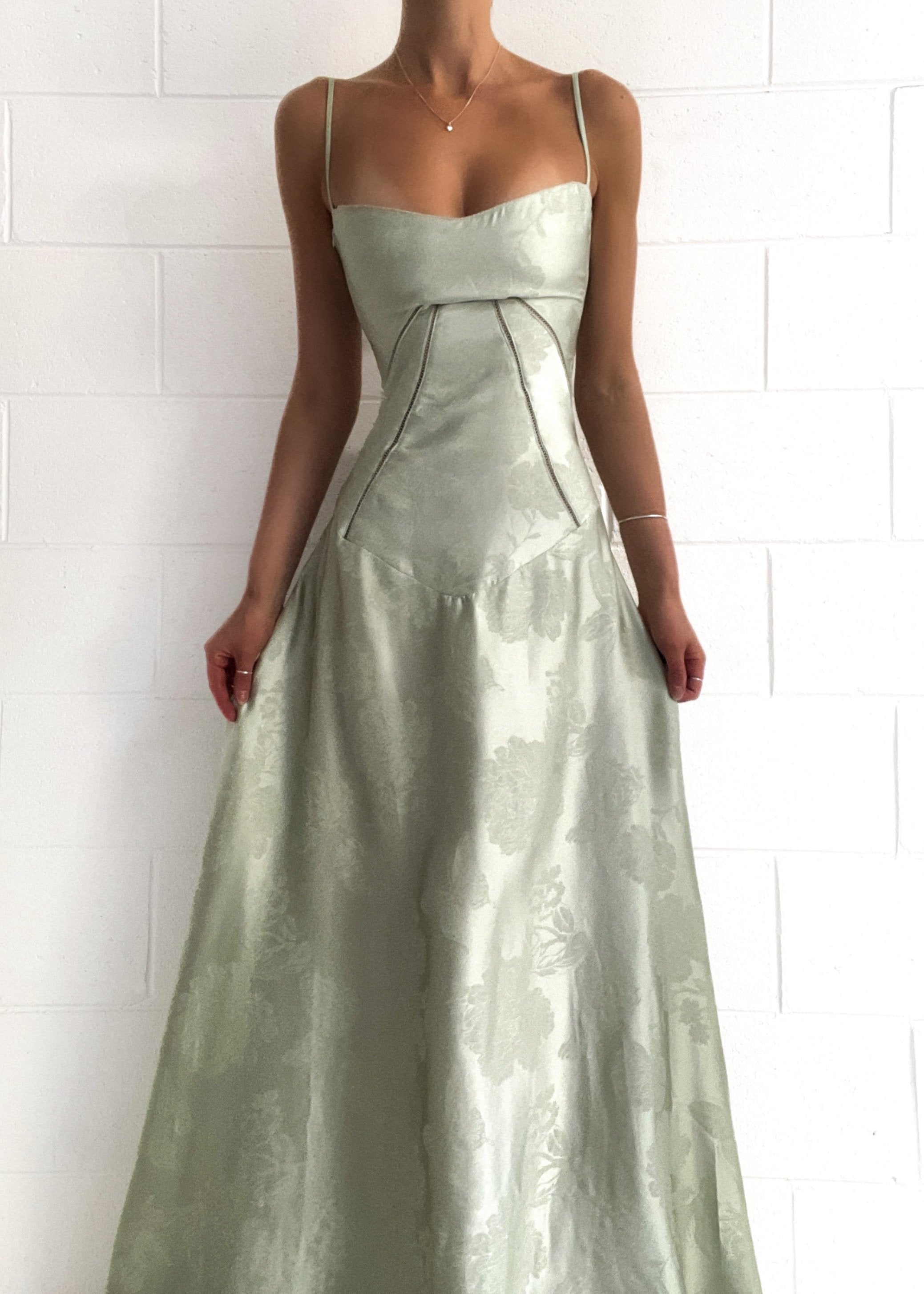 Satin Corset-Back Maxi Dress with Cowl Neck